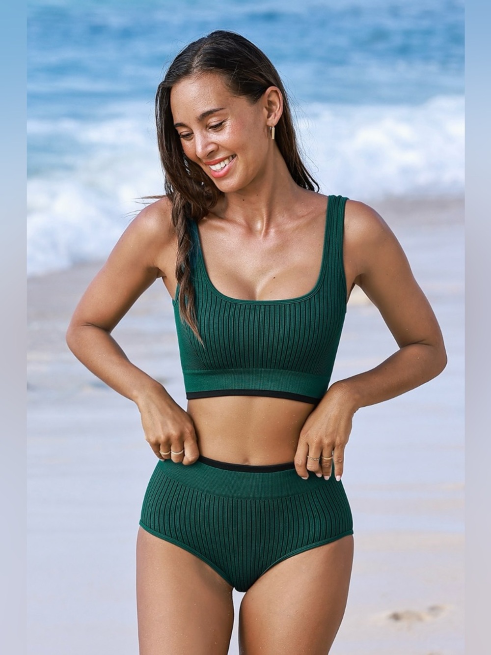 Cupshe Women's Seamless Ribbed Green Two-Piece Swim Set Size SM - Picture 5 of 9